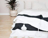 Moroccan Pompom Blanket,Moroccan Blanket,Moroccan Throw Blanket, Pom Poms, Boho Blanket, Bed Cover White with Black Stripe