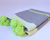 Moroccan Cotton Pompom Blanket, Pom Poms, Boho Blanket, Bed Cover with Gray and Lime Stripes
