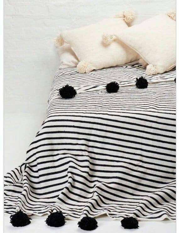 MOROCCAN POMPOM BLANKET Soft and Cozy Blanket Cotton Pom Pom Blanket,Custom Made White blanket with black strips,blanket with tassels