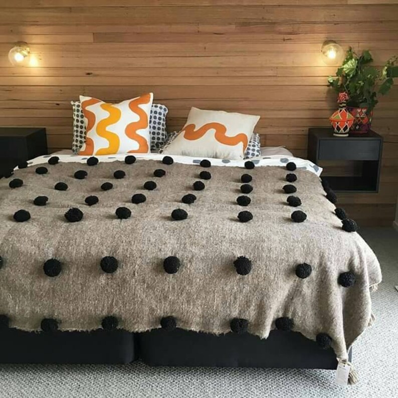 Wool Blanket Throw Pom Pom,Bedcover,Sofa Throw, Sofa cover, Moroccan Bed Cover, Hand Woven by Berber Artisans on Wooden Looms