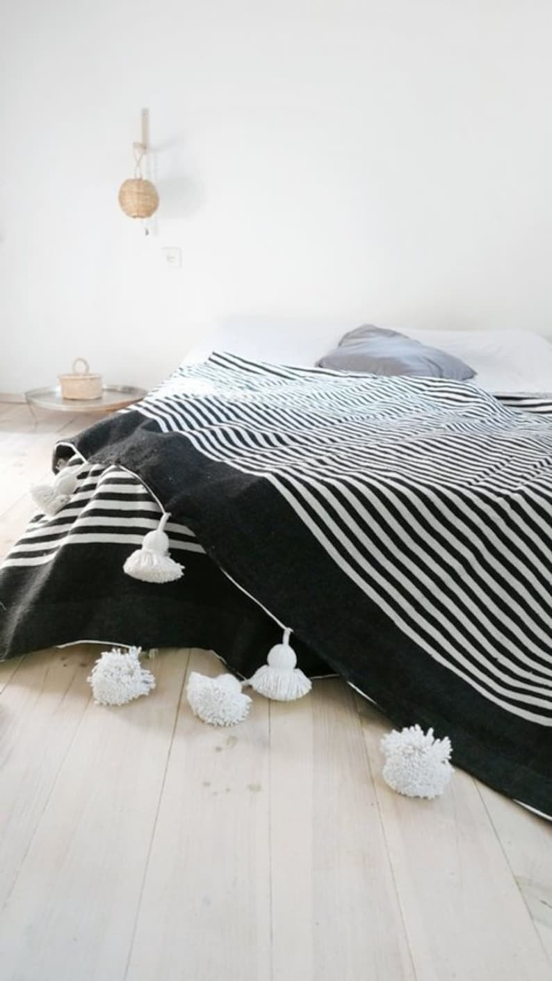 Bed Cover Black and White Stripes Moroccan Pompom Blanket,Moroccan Blanket,Moroccan Throw Blanket Boho Blanket Pom Poms