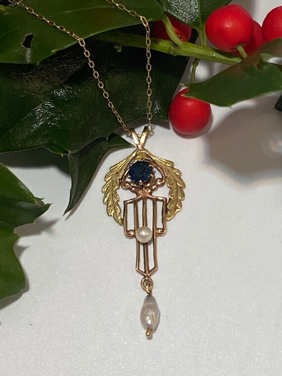 Antique Blue Sapphire and Drop Pearl Pendant Neckl