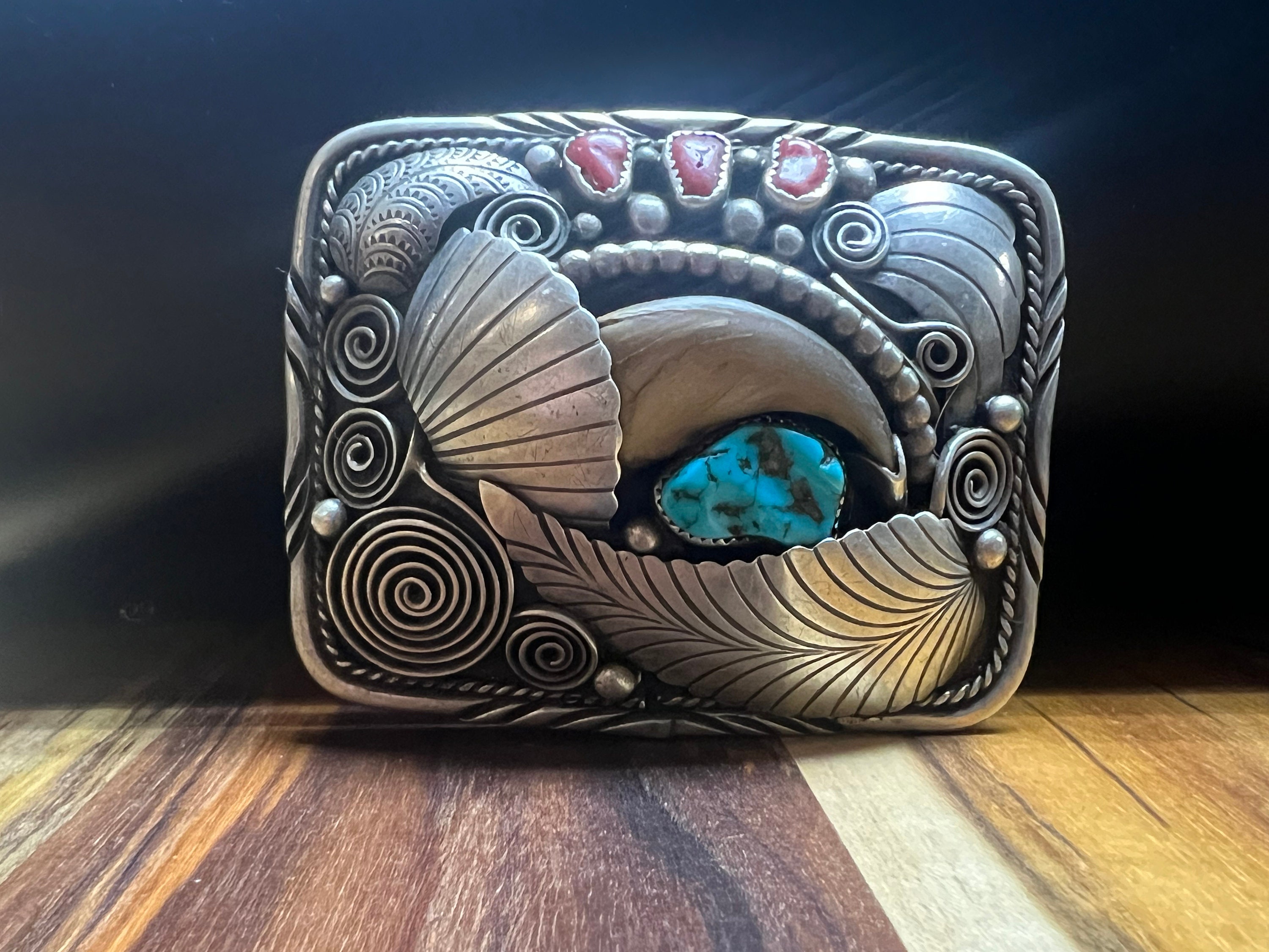 VINTAGE J. TOADLENA STERLING SILVER, TURQUOISE NAVAJO BELT BUCKLE JW TOADLENA IHMSS STERLING SILVER BELT BUCKLE CLAW BEAR  main image 4