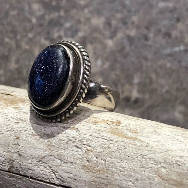 Vintage Blue Goldstone and Sterling Silver Statement Ring Size 6