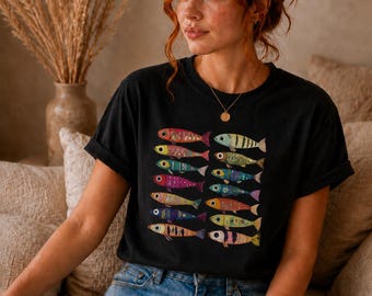 Colorful Sardines T-shirt, Unisex Tee Fisherman Aesthetic, Summer Coastal Vibes, Tinned Fish, Sardine Shirt