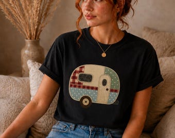 Campingvagns-T-shirt, Unisex-T-shirt med lapptäcke och quiltad look, Wander Lust-T-shirt, Campingäventyrs-T-shirt, Present till camparen