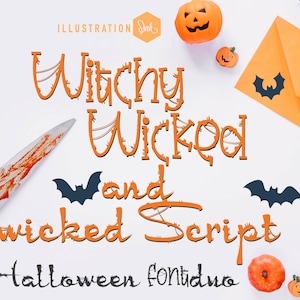 Puede incluir: Imagen con temática de Halloween con texto naranja "Witchy Wicked and wicked Script". La imagen incluye un cuchillo ensangrentado, calabazas, murciélagos, un sobre naranja y una figura de bruja. Un dúo de fuentes de Halloween.