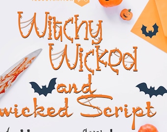 Puede incluir: Imagen con temática de Halloween con texto naranja "Witchy Wicked and wicked Script". La imagen incluye un cuchillo ensangrentado, calabazas, murciélagos, un sobre naranja y una figura de bruja. Un dúo de fuentes de Halloween.