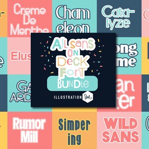 May include: A colorful graphic design featuring the text "All Sans On Deck Font Bundle" with a variety of font styles in a grid layout. The fonts are displayed in different colors and styles, including bold, italic, and outlined.
