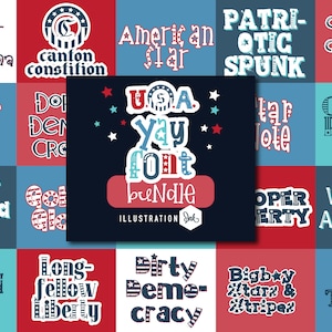 Puede incluir: Una colección de 16 ilustraciones digitales que presentan una variedad de fuentes con un tema patriótico. Las fuentes son en rojo, blanco y azul y presentan estrellas y rayas. El texto incluye frases como "Cutesie-too Americana", "Do Right Stars & Stripes", "Mister America Toes", "Ladybird Liberty", "Long Fellow Liberty", "Dirty Beme-cracy", "Bigbay #tarz & #tripez", "Tatty Tribute", "USA Yay Font Bundle", "Patriotic Spunk", "National Nouvella", "Central Patriot Flame", "Oper Liberty", "We Can American", "Canton Constitution", "Do Den CRC", "Star Hole".