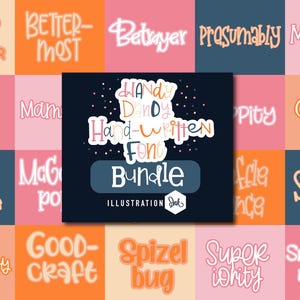 May include: A colorful graphic design featuring a "Handy Dandy Hand-Written Font Bundle" with various font samples. The image showcases a variety of fonts in different colors and styles, perfect for digital design projects.