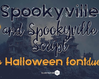 Puede incluir: Gráfico digital con las palabras "Spookyville" y "Spookyville Script" en fuentes blancas y azul oscuro, con un fondo de castillo espeluznante. El texto "a Halloween fontduo" es naranja.