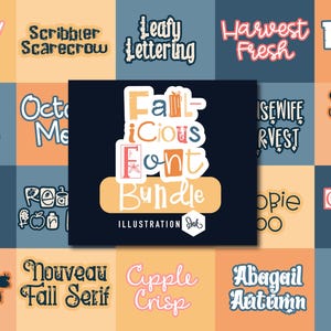May include: A digital font bundle display featuring a grid of twenty unique typographic styles in various colors and fonts. The central graphic displays the text Fall-icious Font Bundle Illustration in a stacked, multi-colored layout.