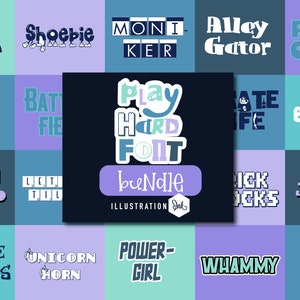 Op de afbeelding: Een verzameling van 16 kleurrijke, speelse lettertypen, elk met een unieke naam en stijl. De lettertypen worden weergegeven op een raster met een blauwe achtergrond. De tekst "Play Hard Font Bundle" wordt weergegeven in een groot, vet lettertype in het midden van de afbeelding.