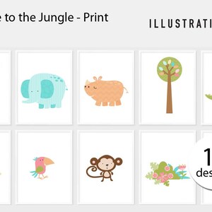 Könnte beinhalten: Ein Set mit 12 druckbaren Illustrationen mit Dschungeltieren und Pflanzen. Die Illustrationen sind im niedlichen Cartoon-Stil gehalten und zeigen eine Giraffe, einen Elefanten, ein Nashorn, einen Baum, ein Krokodil, einen Löwen, einen Tukan, einen Affen und Blumen. Die Illustrationen sind perfekt, um personalisierte Karten, Einladungen oder Dekorationen zu erstellen.