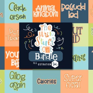 May include: A digital font bundle display featuring a grid of colorful squares, each showcasing different handwritten-style typography examples. The central dark blue square prominently displays the text The Write Stuff font Bundle.