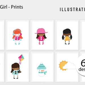 May include: Set of 8 printable illustrations featuring a girl in different weather-themed outfits. The illustrations are in a cartoon style and feature a variety of colors, including pink, blue, yellow, and green. The text "60 designs" is also included in the image.