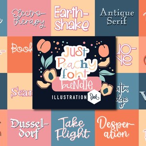 May include: A peach-themed font bundle illustration with the text "Just Peachy Font Bundle" and the words "Illustration Ink" in a peach-colored hexagon. The illustration features peaches, leaves, and peach slices.