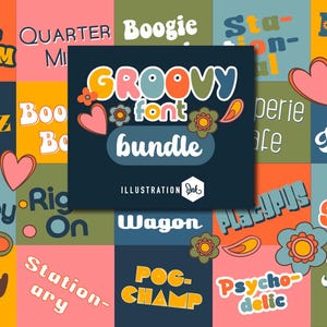 Puede incluir: Un diseño gráfico colorido con las palabras "GROOVY font bundle" en un estilo retro, rodeado de otras palabras e ilustraciones florales y de corazón. El fondo es un mosaico de cuadrados de varios colores.
