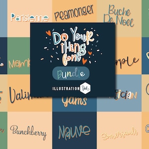 May include: A digital graphic showcasing a font bundle with the text "Do Your Thing Font Bundle." The image displays diverse font styles, each with a unique design, set against a colourful, patchwork background. The Illustration Ink logo is also visible.