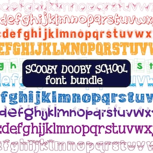 May include: A collection of colorful fonts, including uppercase and lowercase letters, in various styles. The image features the text "SCOOBY DOOBY SCHOOL font bundle" in a dark blue rectangle. The fonts are in red, orange, green, blue, purple, and pink.