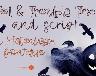 Puede incluir: Un diseño gráfico con temática de Halloween con el texto "Toil & Trouble Too and script a Halloween font duo". El diseño incluye siluetas de cuervos negros, una calabaza tallada y un efecto de humo, todo sobre un fondo gris claro.