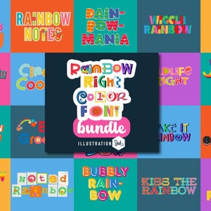 May include: A collection of colorful rainbow font designs with different phrases, including "Rainbow Notes", "Rain-Bow Mania", "Wild Party", "Rainbow Right Color Font Bundle", "Make It Rainbow", "Pixel Craft Rainbow", and "Bubbly Rain-Bow".