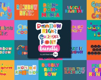 May include: A collection of colorful rainbow font designs with different phrases, including "Rainbow Notes", "Rain-Bow Mania", "Wild Party", "Rainbow Right Color Font Bundle", "Make It Rainbow", "Pixel Craft Rainbow", and "Bubbly Rain-Bow".