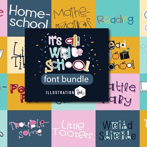 May include: A colorful graphic design featuring a variety of fonts with school-themed words like "Tattle Tale", "Home-School", "Math-matics", "Reading", "Class Clown", "Clippy", "Little Tooters", "Education", "Trouble-some", "Weird Science", "Teacher Chalk", "Fluff-er-nutter", "Trouble-maker", "Lunch Box", "Little Baby", "Read for School", and "It's all Write School font bundle".