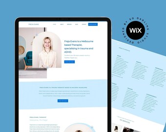 May include: A website screenshot showing a therapist's website with a blue background and a photo of the therapist. The website includes information about the therapist's services, areas of expertise, and contact information. The text on the website reads "Freja Evans is a Melbourne based Therapist, specializing in trauma and ADHD."