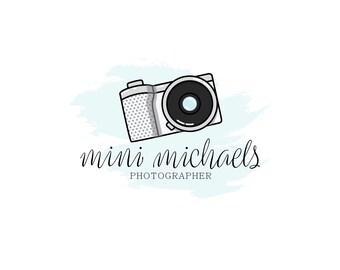May include: A logo for a photographer named "mini michaels" with a cartoon camera and a light blue watercolor background.