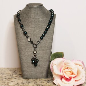 Necklace for Women, Large Genuine Pearl AA+, Dark Green Color. CZ Black Pave Beads, Handmade, Every day and Festive. Pendant is detachable.