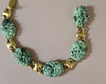 Antique Solid 10K Yellow Gold and Carved Green Jade/Jadite Stones Bracelet