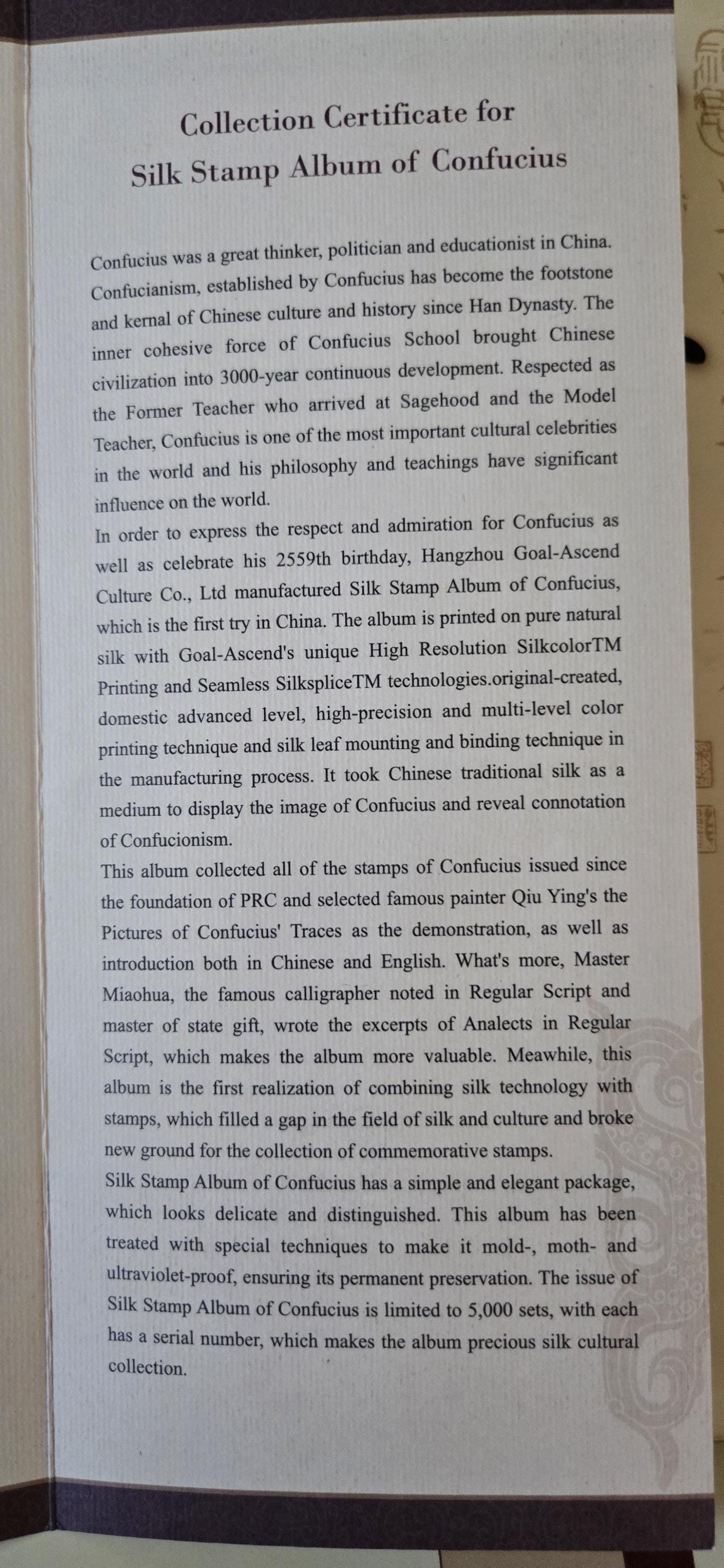 Collection Certificate for Silk Stamp Album (book) of Confucius - Etsy