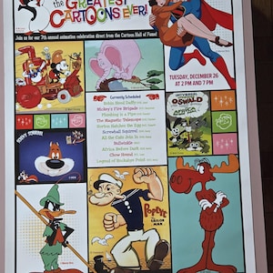 May include: A colorful poster for the Alex Film Society featuring cartoon characters like Superman, Mickey Mouse, and Popeye. The poster advertises a cartoon celebration on December 26th at 2 PM and 7 PM.