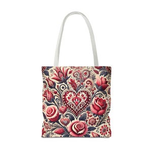 Valentine's Day Hearts & Roses Tote Bag, Romantic Floral Gift, Red Pink Flower Pattern Market Bag, Eco-Friendly Shopping Bag