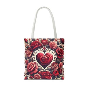 Romantic Heart And Red Roses Tote Bag, Valentines Day Gift, Rose Lover Shoulder Bag, Floral Print Handbag, Red Rose Tote Purse