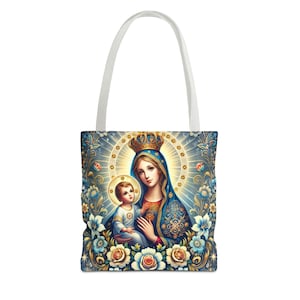 Jungfrau Maria Baby Jesus christlicher spiritueller Urlaub Anbetung Blumen Volkskunst Einkaufstasche (AOP)