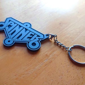 May include: A blue and gray keychain with the word "SPINNER" in a stylized font. The keychain has a silver chain and a key ring. The design is in the shape of a vehicle.