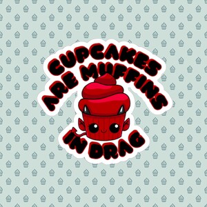 May include: A red cupcake with devil horns and a cute face. The cupcake is surrounded by a white circle with the text "Cupcakes Are Muffins In Drag".