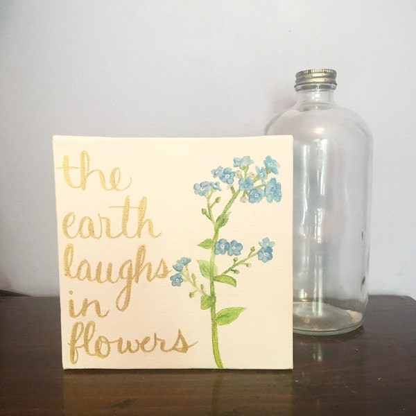 The Earth Laughs In Flowers Ralph Waldo Emerson Quote Painting Nature Art Acrylic Home Decor Canvas Wall Hanging Blue Flower Gold Dorm Decor