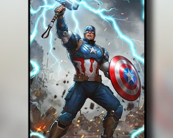 Captain America Mjolnir Poster | Marvel wall art print, Steve Rogers, Gamer room decor, Avengers Gift for Marvel Fans