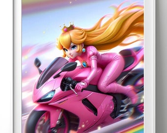 Princess Peach Motorcycle Poster | Princess Toadstool poster | Mario Kart Poster | Video Game Wall Art | Gamer Gifts | Gifts for her