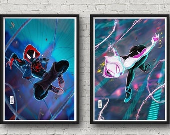 Miles Morales and Ghost Spider | Two POSTER SET | Spiderman SpiderVerse Poster | Superhero Gifts | SpiderWoman print