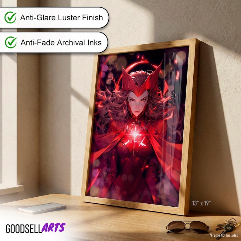 May include: A rectangular wall art print featuring a character with long dark hair wearing a red headpiece and red outfit, surrounded by glowing red energy effects. The print includes text labels for Anti-Glare Luster Finish and Anti-Fade Archival Inks.