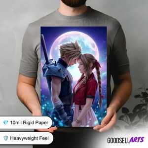 May include: A rectangular print on 10mil rigid paper featuring a digital illustration of two characters standing face to face under a large glowing moon. One character has spiky blonde hair and a sword, while the other has long braided hair.