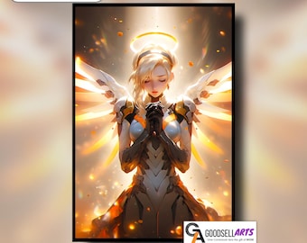 Mercy Poster, Hero Mercy art print, Mercy Angel Poster, Gaming Poster, Video Game Poster, Gamer Room Decor, Mercy OW gift