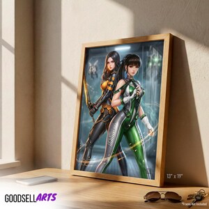 May include: A rectangular wall art print measuring 13 inches by 19 inches, featuring two figures in futuristic suits. One figure wears a black and orange suit with a sword, while the other wears a green and white suit. The artwork is displayed in a wooden frame.