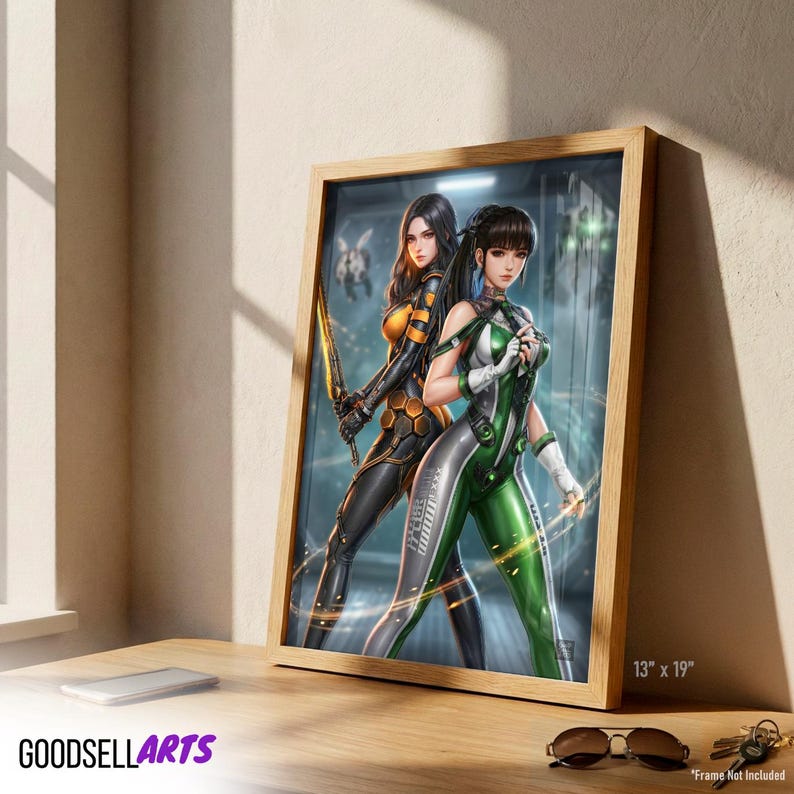 May include: A rectangular wall art print measuring 13 inches by 19 inches, featuring two figures in futuristic suits. One figure wears a black and orange suit with a sword, while the other wears a green and white suit. The artwork is displayed in a wooden frame.