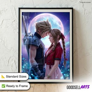 May include: A framed digital art print featuring a blonde character with a large sword and a character with a long braided ponytail standing face-to-face under a large glowing moon. The background is a vibrant purple and blue nebula-like sky.